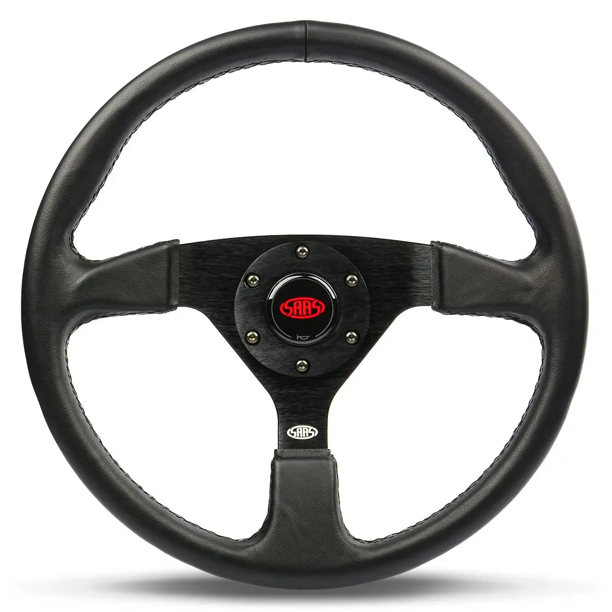 Black steering wheel with a red center logo on a white background
