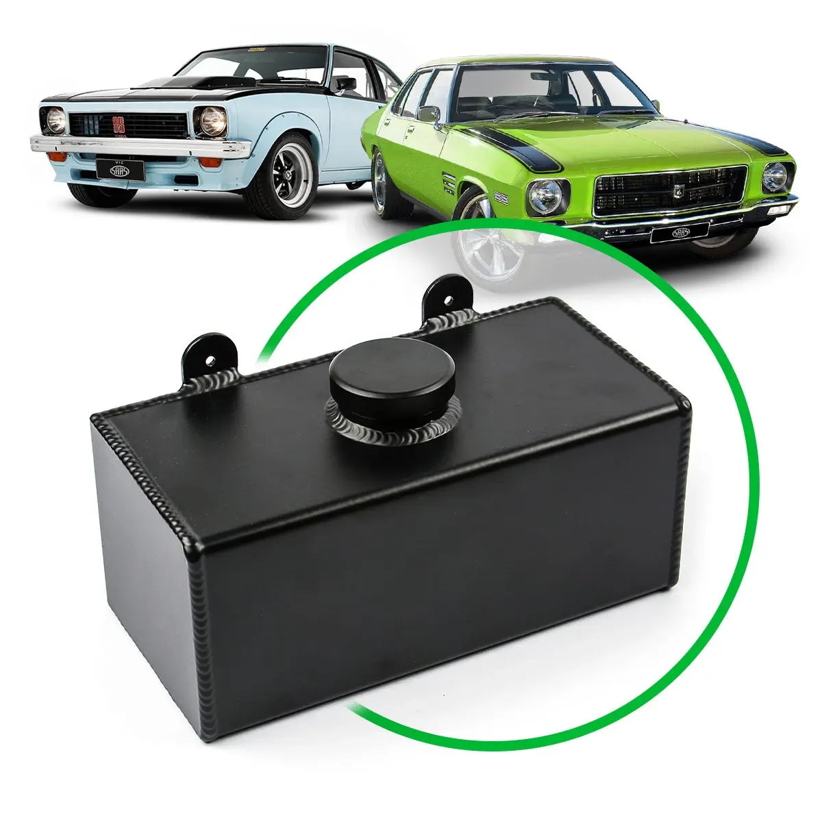Black fuel tank with two classic cars in the background