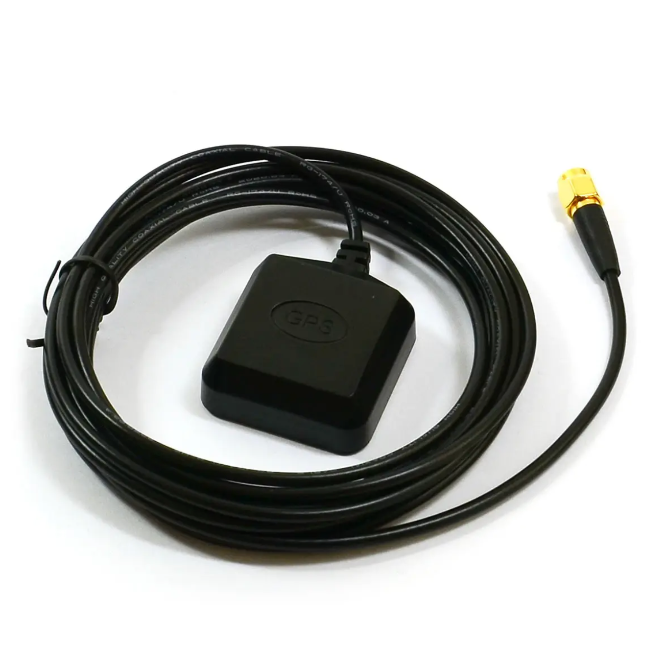 Black GPS antenna with cable on a white background