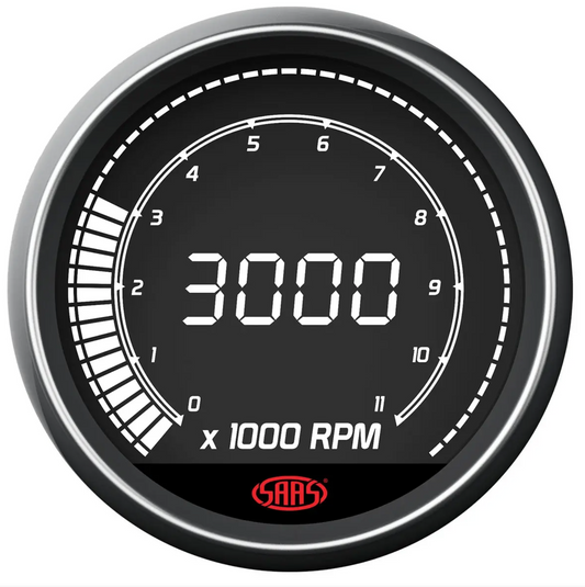 Car tachometer displaying 3000 RPM with a clear background