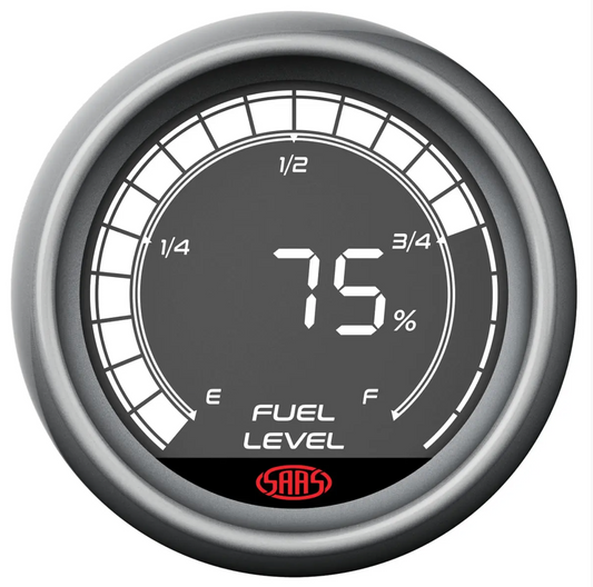 Fuel level gauge with digital display on a white background