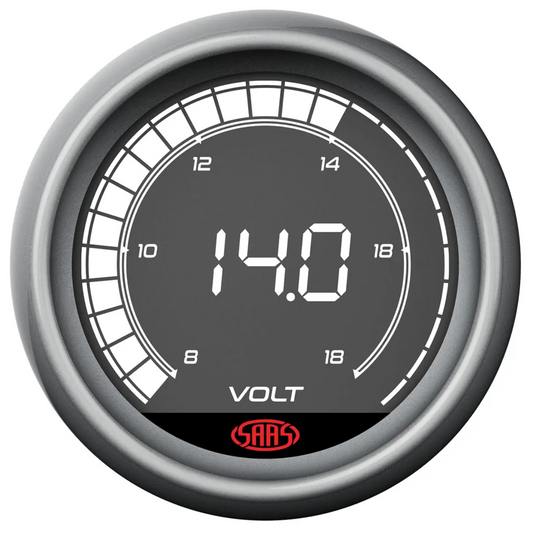 Voltmeter gauge displaying voltage with 'SAAS' branding on a white background