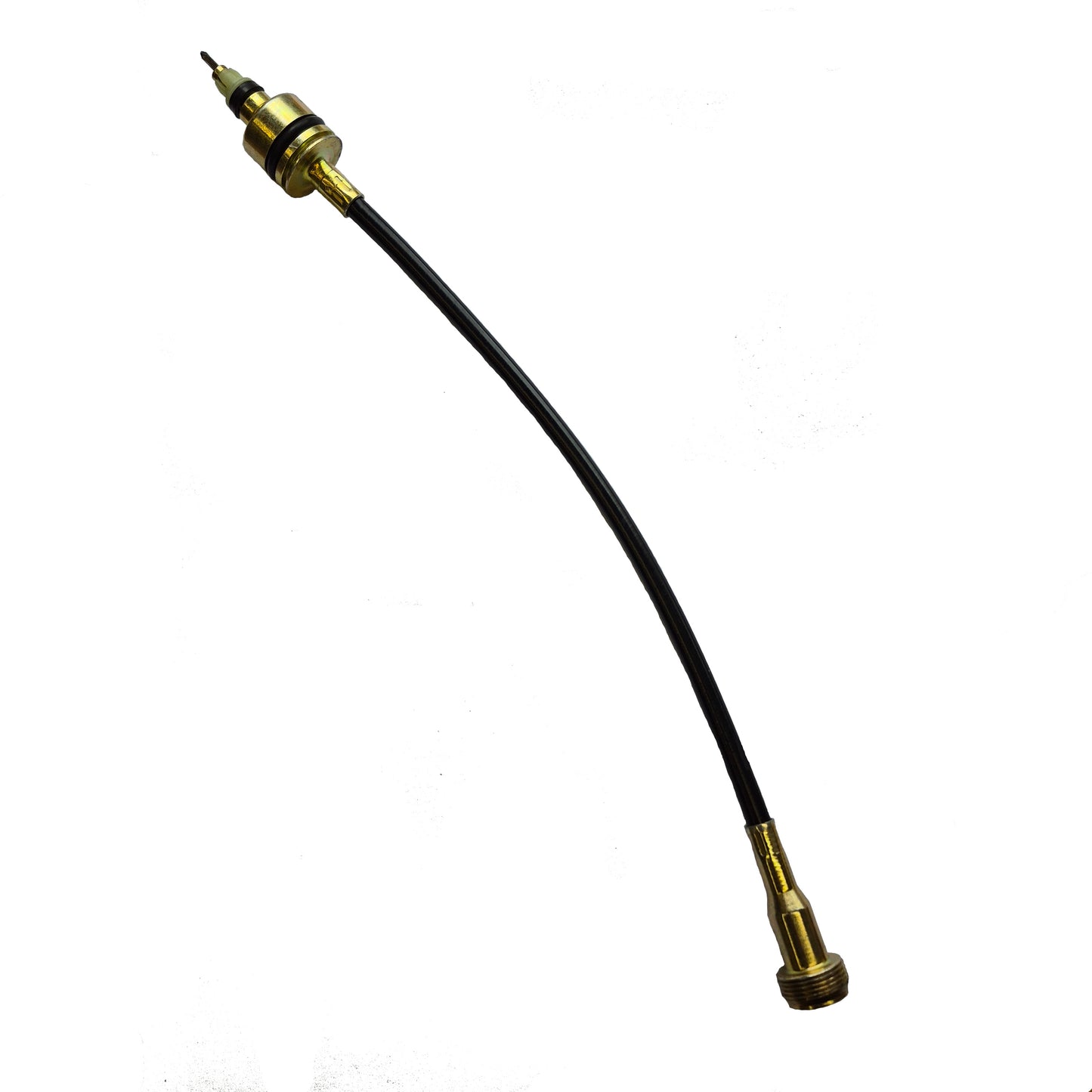 Black hose with brass nozzle on a white background