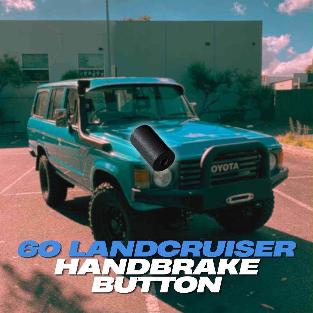 Black 3D printed handbrake button for the Toyota LandCruiser 60 Series, shown with a teal 60 Series LandCruiser
