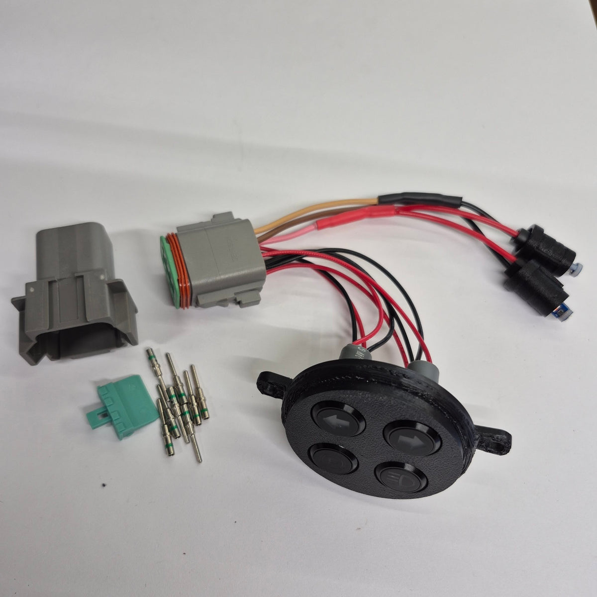 HJWBGTSPLC pilot light cluster kit contents: pre-wired 4-light cluster, T5 warning light sockets and 8-way Deutsch connector with pins