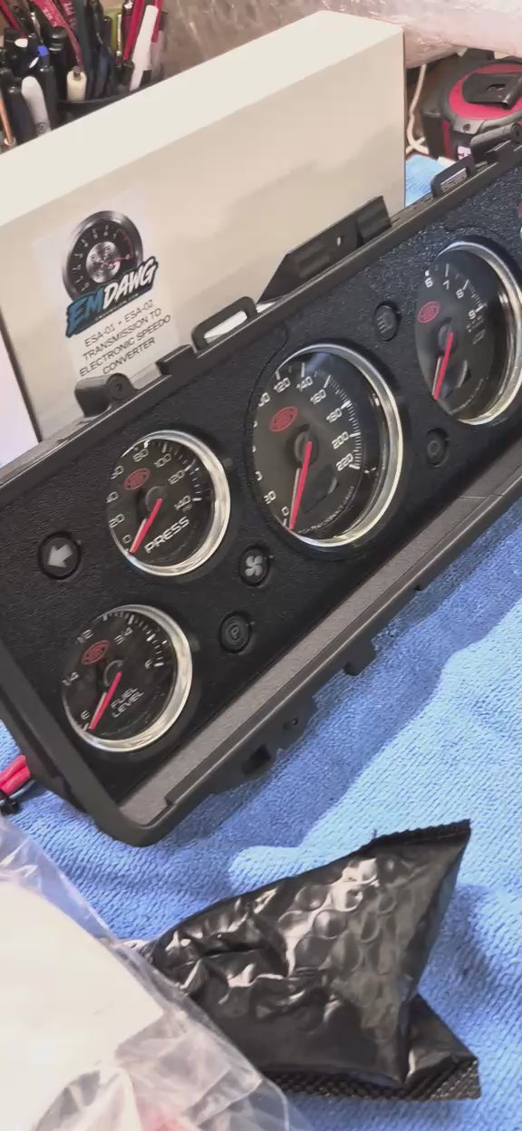VB–VH Commodore RetroTech 603 dash kit with SAAS Series 3 gauges doing a needle sweep on the bench